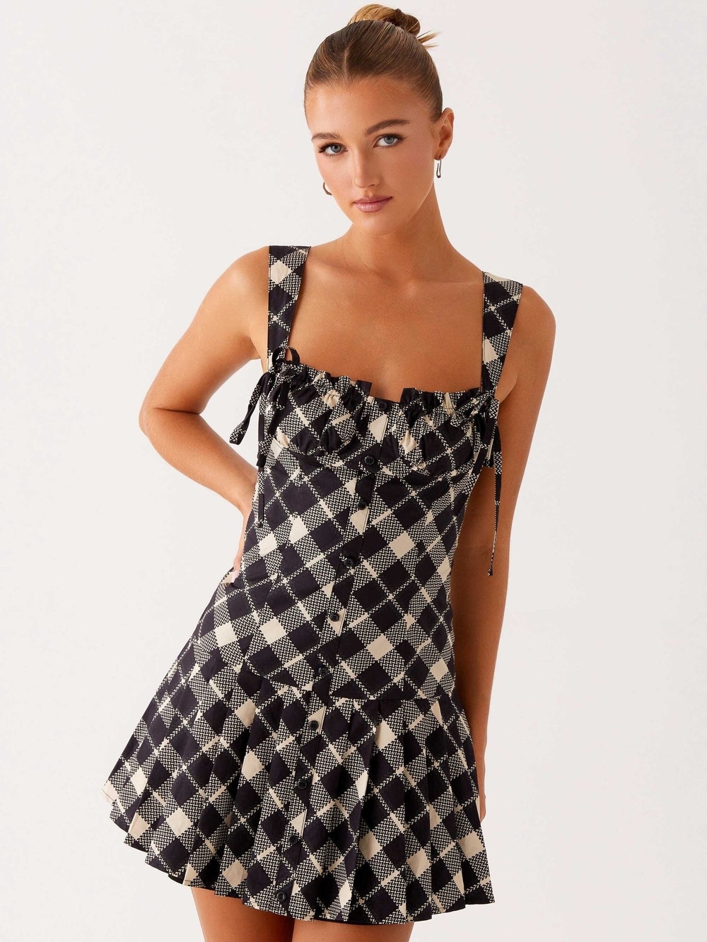 Peppermayo Cotton Black & Cream Plaid Ruffle Mini Dress, Size 4, NWT - 90s